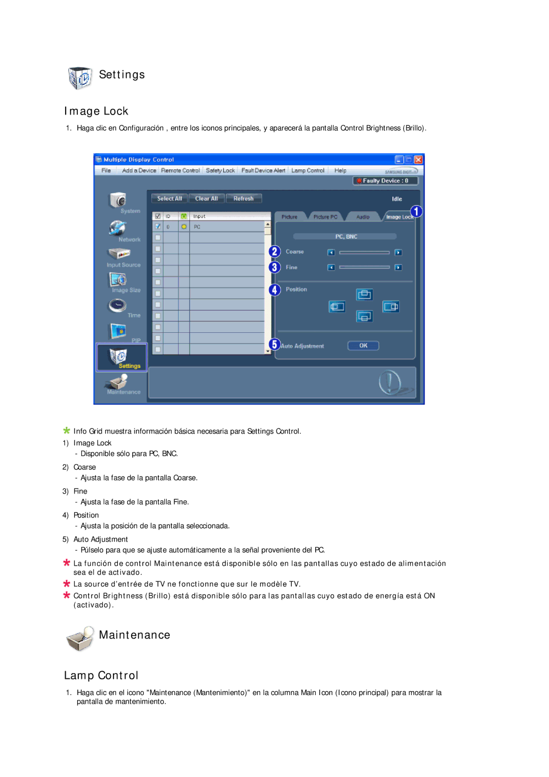 Samsung LH32CRSMBD/EN, LH32CRTMBC/EN, LH32CRSMBC/EN manual Settings Image Lock, Maintenance Lamp Control 