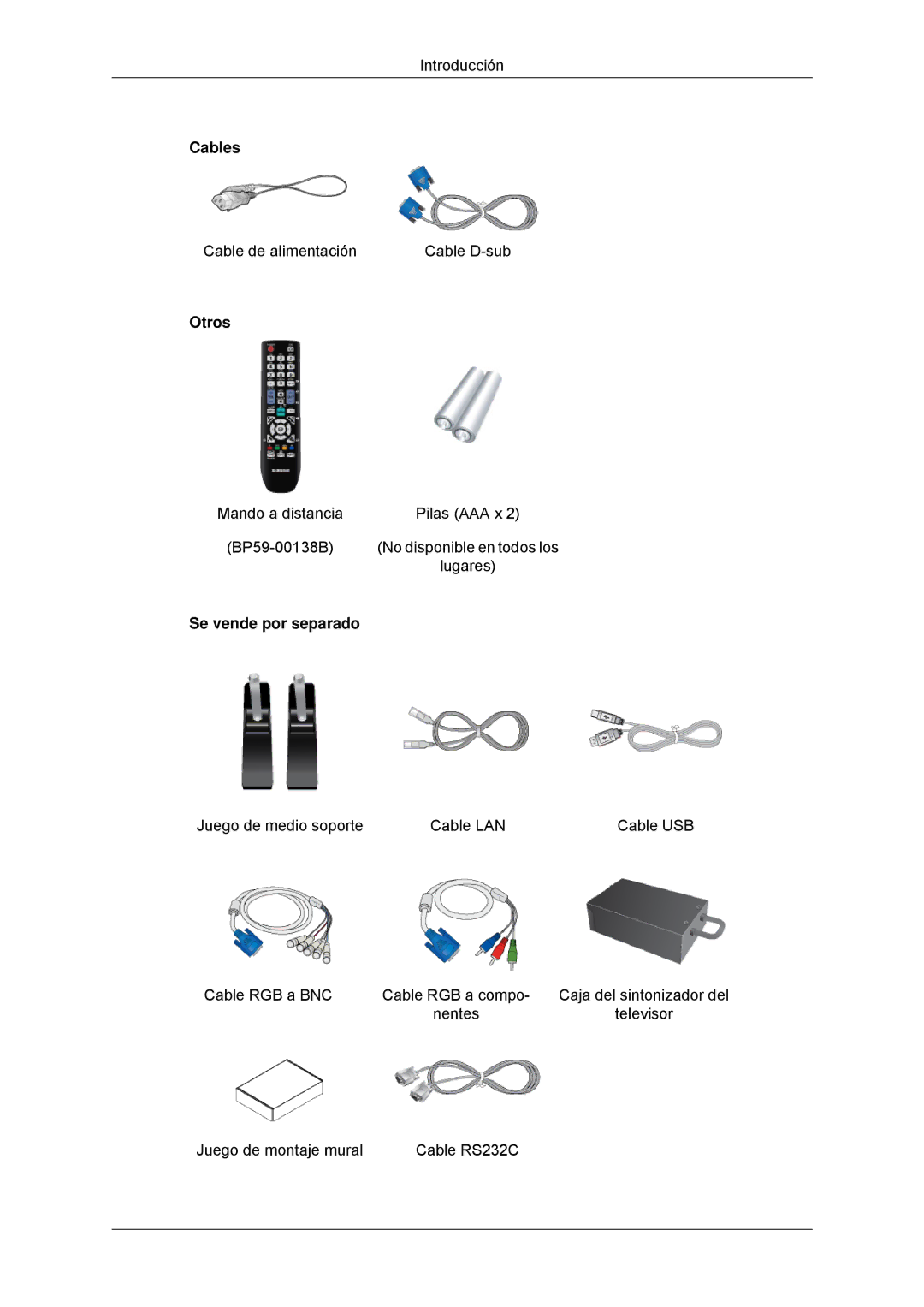 Samsung LH32CRSMBD/EN, LH32CRTMBC/EN, LH32CRSMBC/EN manual Cables, Otros, Se vende por separado 