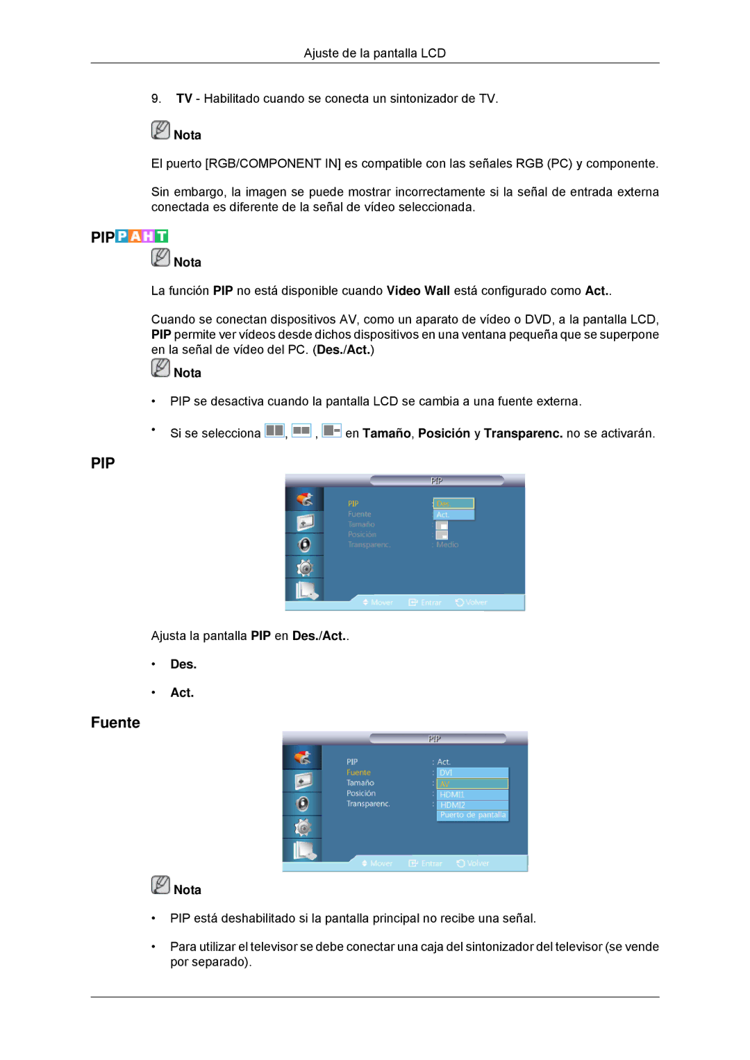 Samsung LH32CRTMBC/EN, LH32CRSMBC/EN, LH32CRSMBD/EN manual Fuente, Des Act 