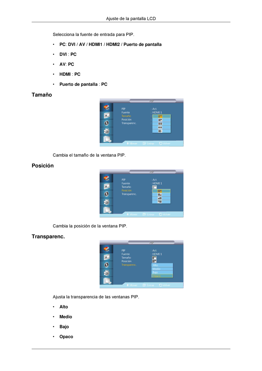 Samsung LH32CRSMBC/EN, LH32CRTMBC/EN manual Tamaño, Posición, Transparenc, Puerto de pantalla PC, Alto Medio Bajo Opaco 