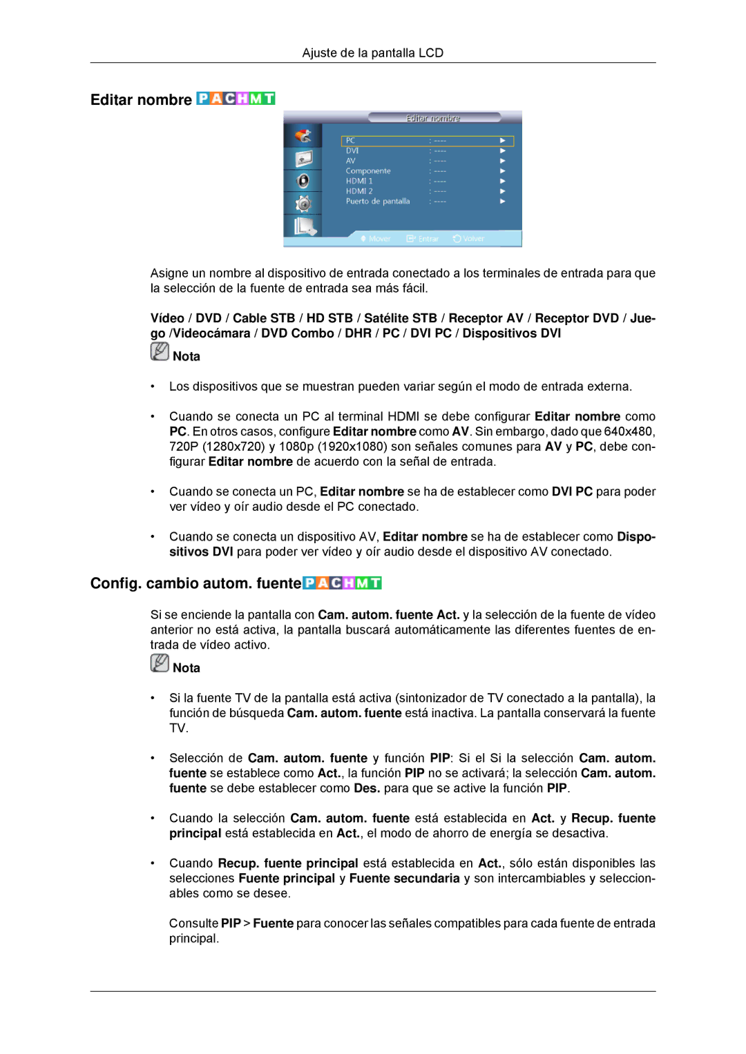 Samsung LH32CRSMBD/EN, LH32CRTMBC/EN, LH32CRSMBC/EN manual Editar nombre, Config. cambio autom. fuente 