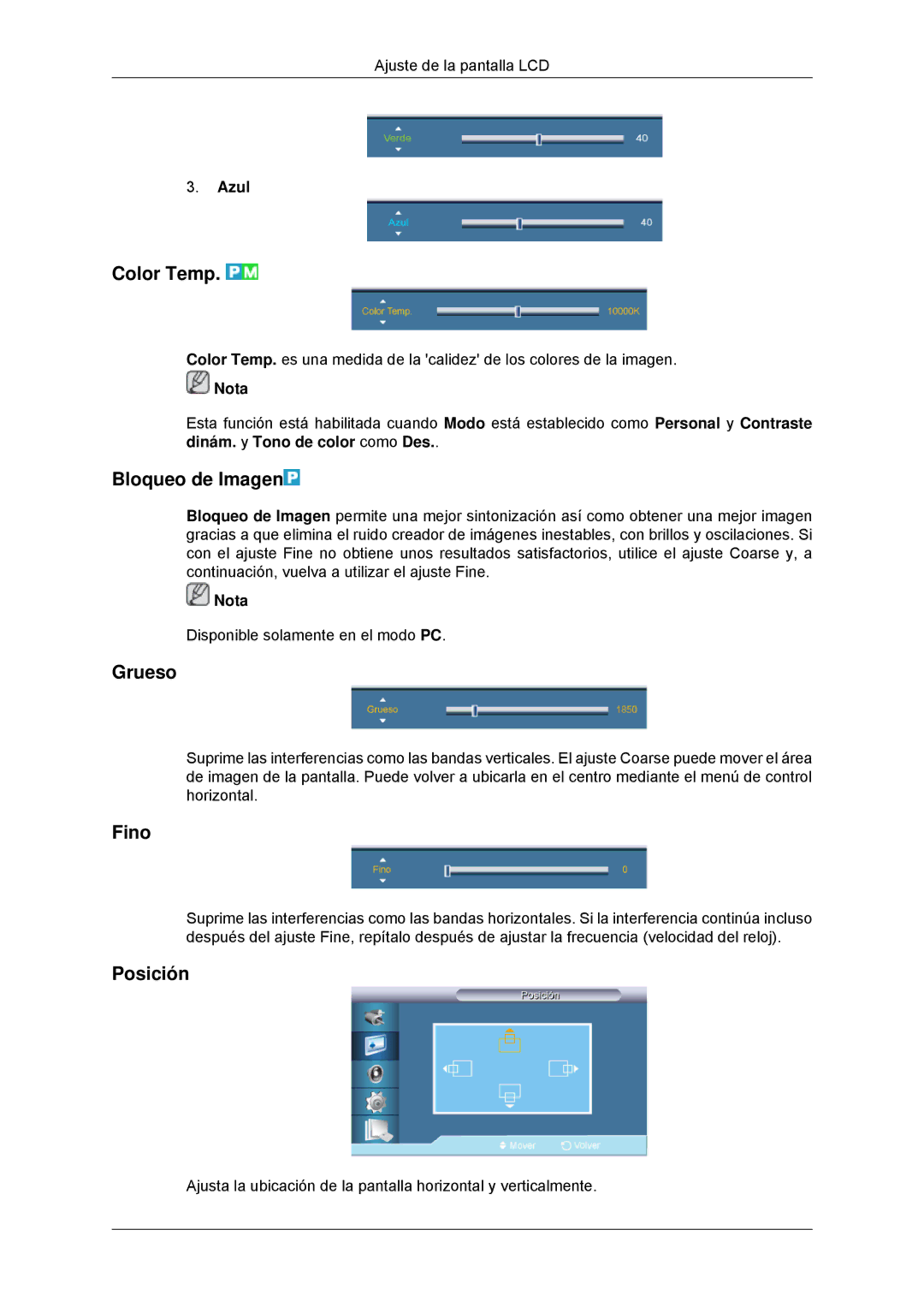 Samsung LH32CRSMBC/EN, LH32CRTMBC/EN, LH32CRSMBD/EN manual Color Temp, Bloqueo de Imagen, Grueso, Fino, Azul 