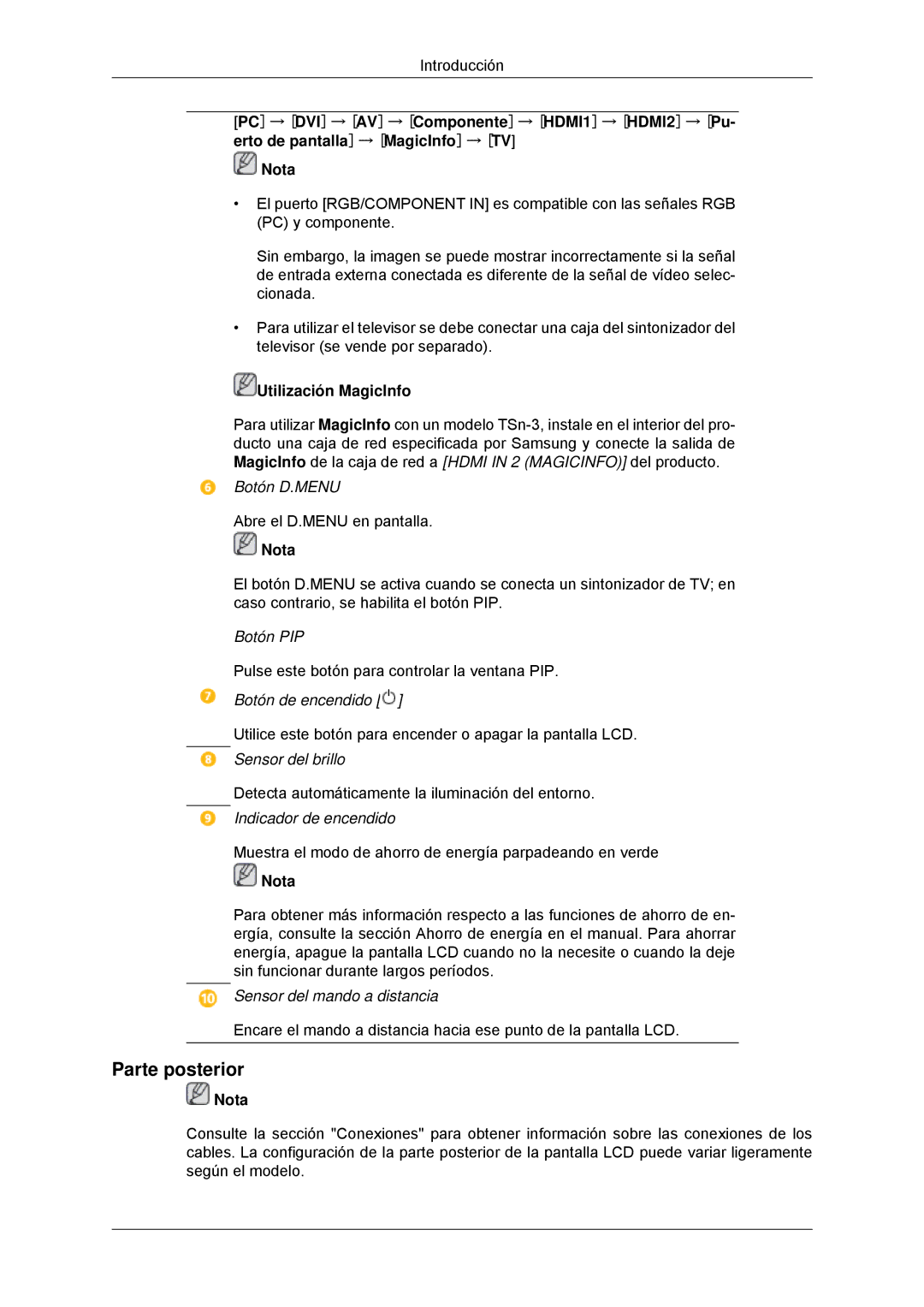 Samsung LH32CRSMBC/EN, LH32CRTMBC/EN, LH32CRSMBD/EN manual Parte posterior, Utilización MagicInfo 