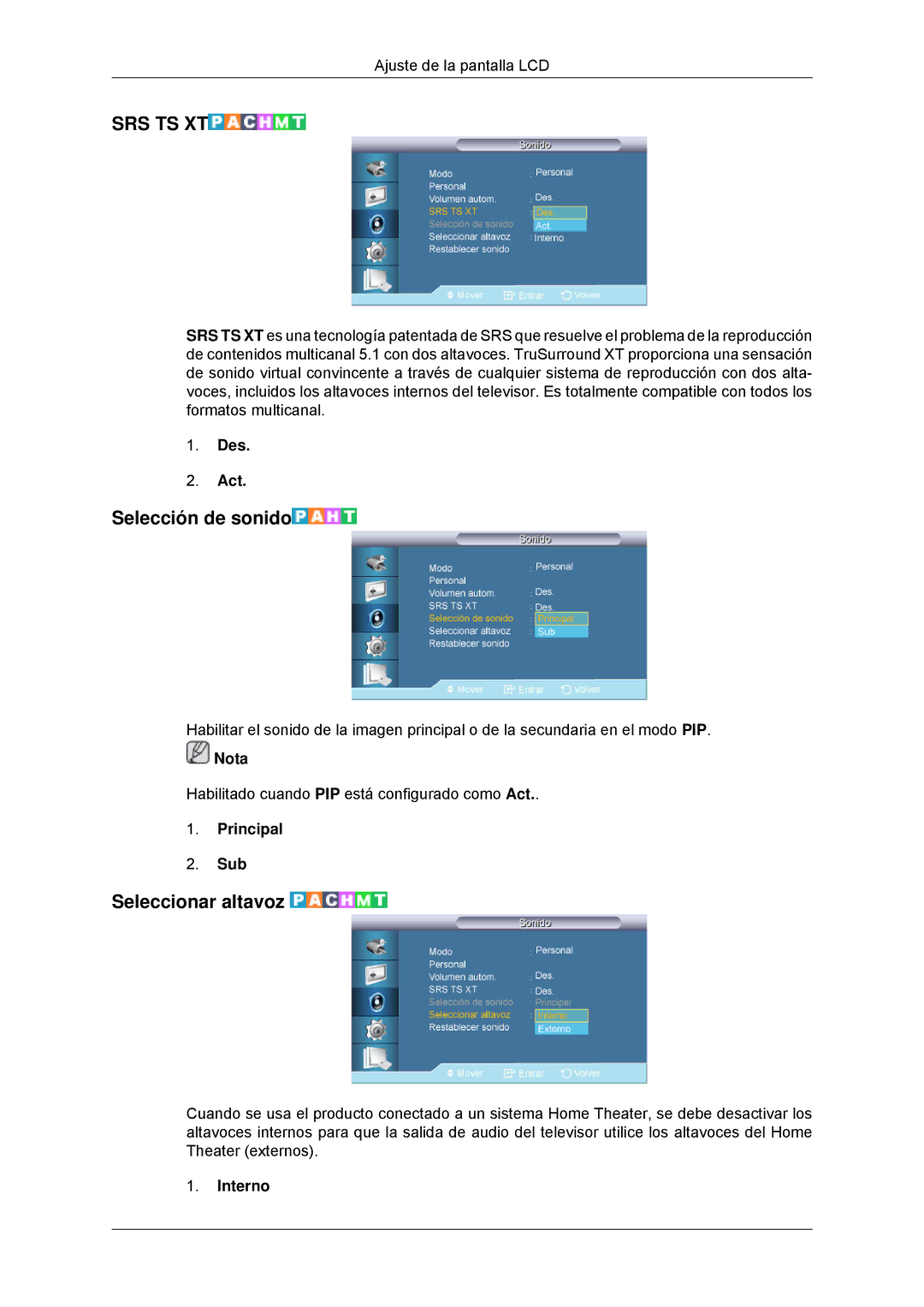 Samsung LH32CRSMBC/EN, LH32CRTMBC/EN, LH32CRSMBD/EN manual Selección de sonido, Seleccionar altavoz, Principal Sub, Interno 