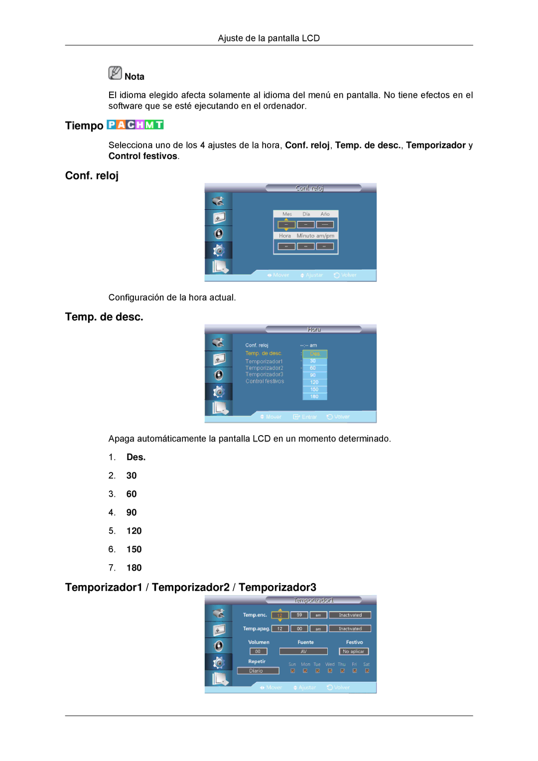 Samsung LH32CRTMBC/EN manual Tiempo, Conf. reloj, Temp. de desc, Temporizador1 / Temporizador2 / Temporizador3, Des 