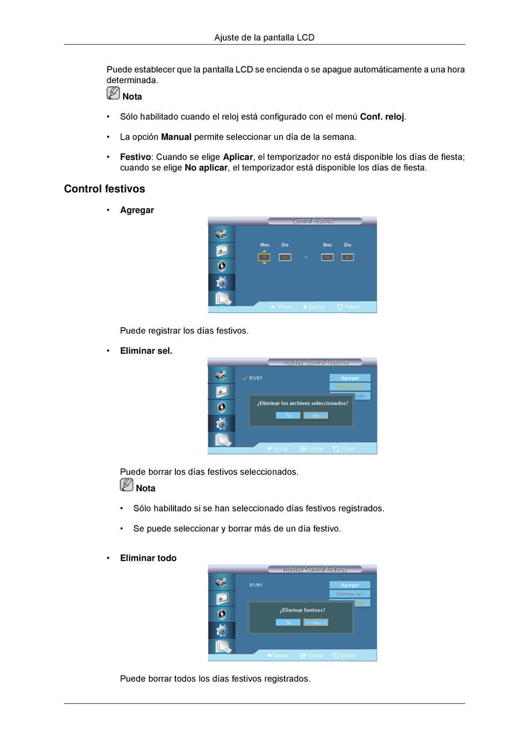 Samsung LH32CRSMBC/EN, LH32CRTMBC/EN, LH32CRSMBD/EN manual Control festivos, Agregar, Eliminar sel, Eliminar todo 