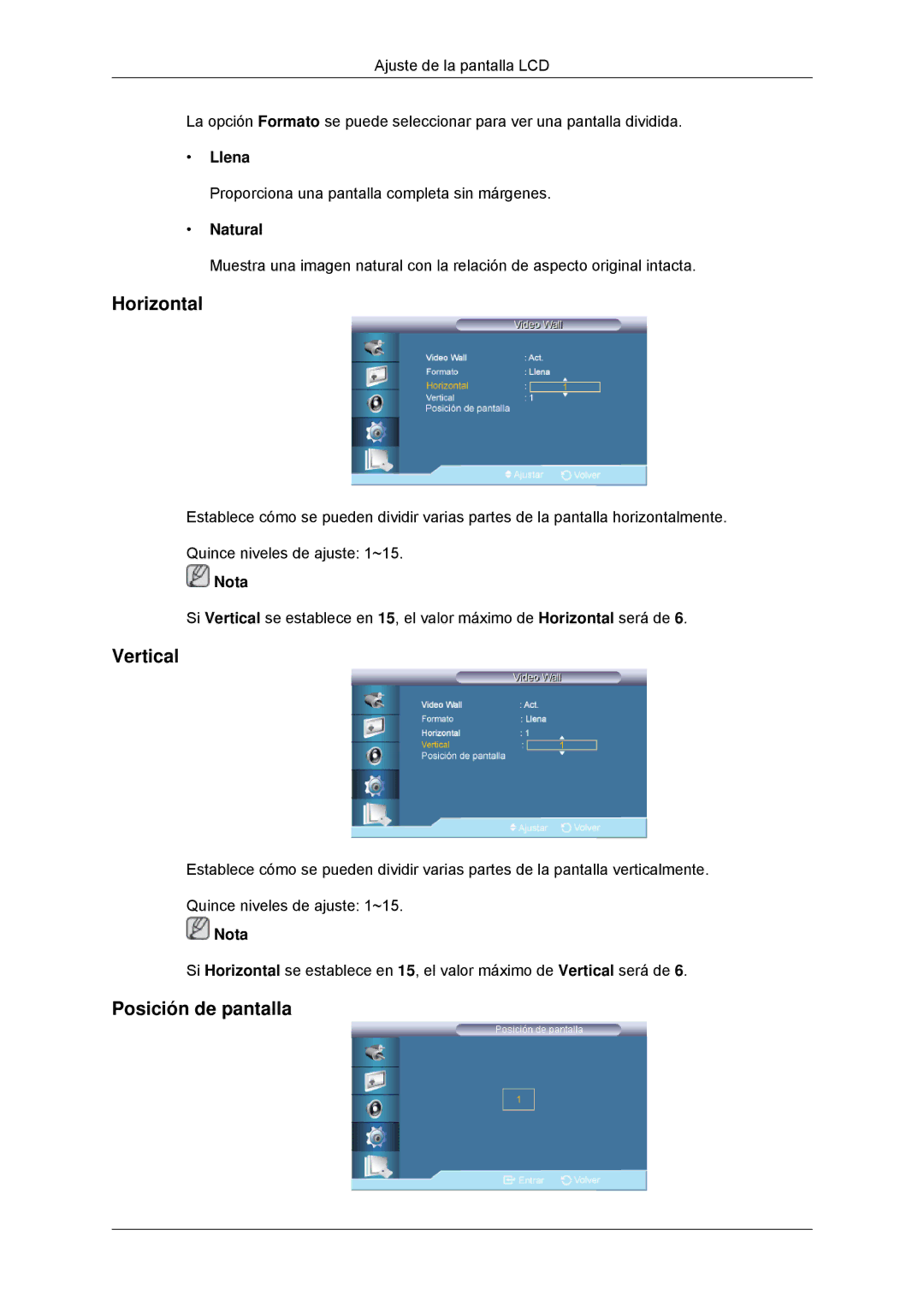 Samsung LH32CRSMBC/EN, LH32CRTMBC/EN, LH32CRSMBD/EN manual Horizontal, Vertical, Posición de pantalla, Llena 