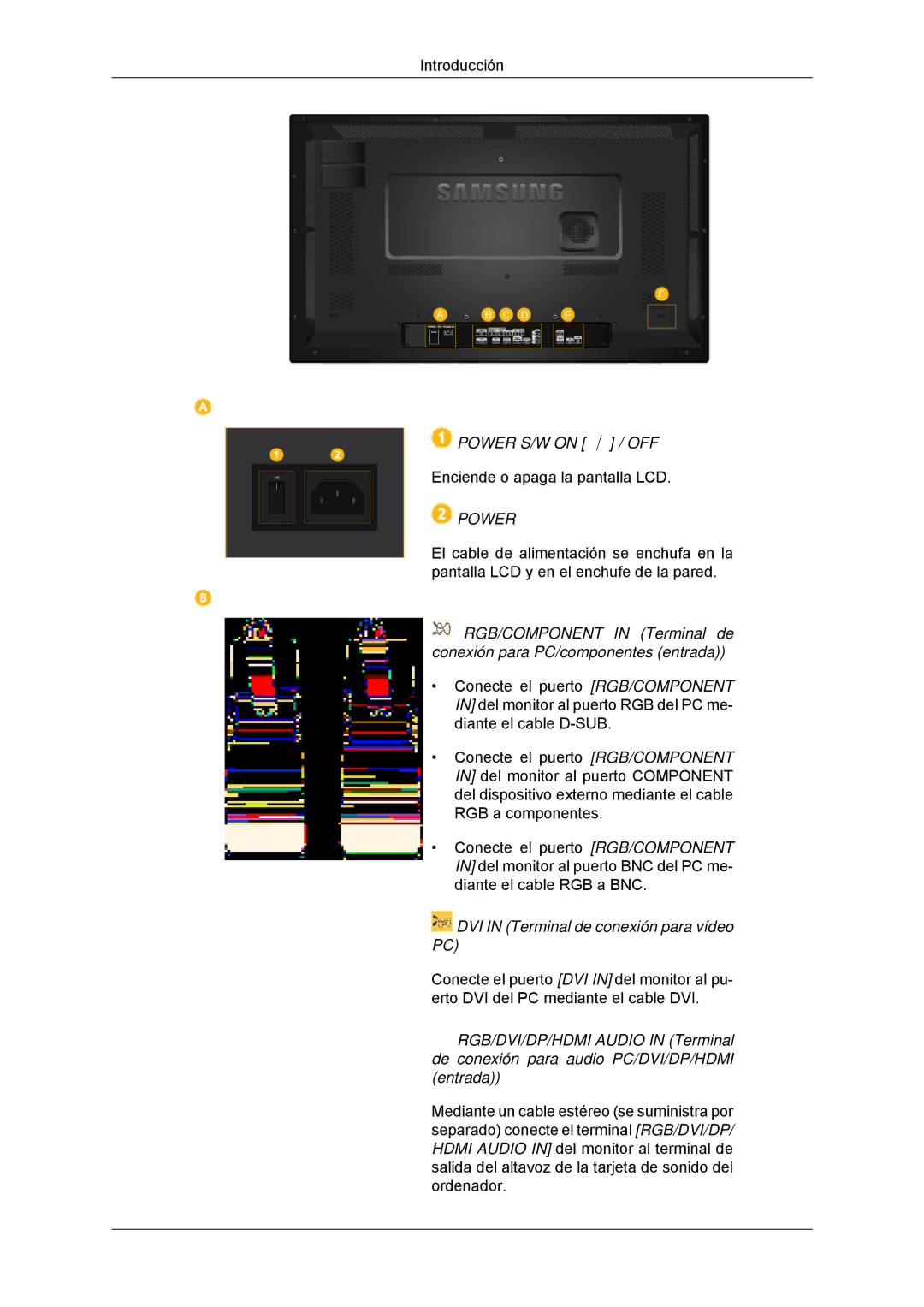 Samsung LH32CRSMBD/EN, LH32CRTMBC/EN, LH32CRSMBC/EN manual Power S/W on / OFF, DVI in Terminal de conexión para vídeo PC 