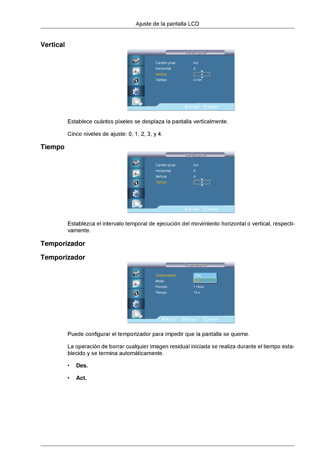 Samsung LH32CRTMBC/EN, LH32CRSMBC/EN, LH32CRSMBD/EN manual Tiempo, Temporizador 