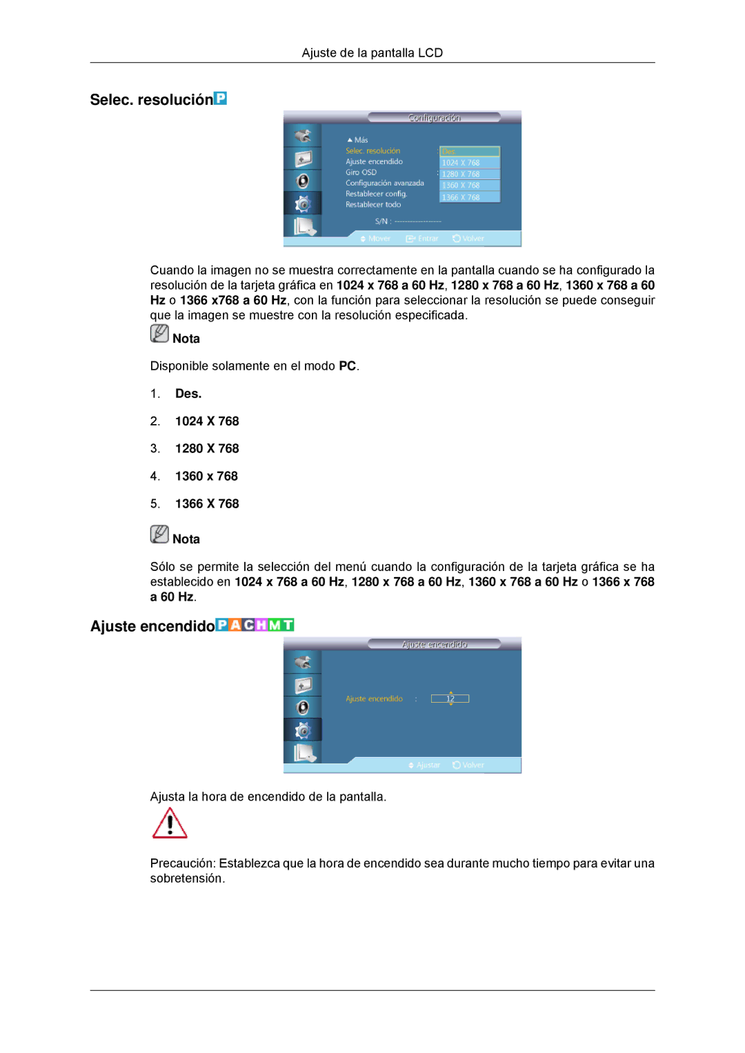 Samsung LH32CRTMBC/EN, LH32CRSMBC/EN manual Selec. resolución, Ajuste encendido, Des 1024 X 1280 X 1360 x 1366 X Nota 