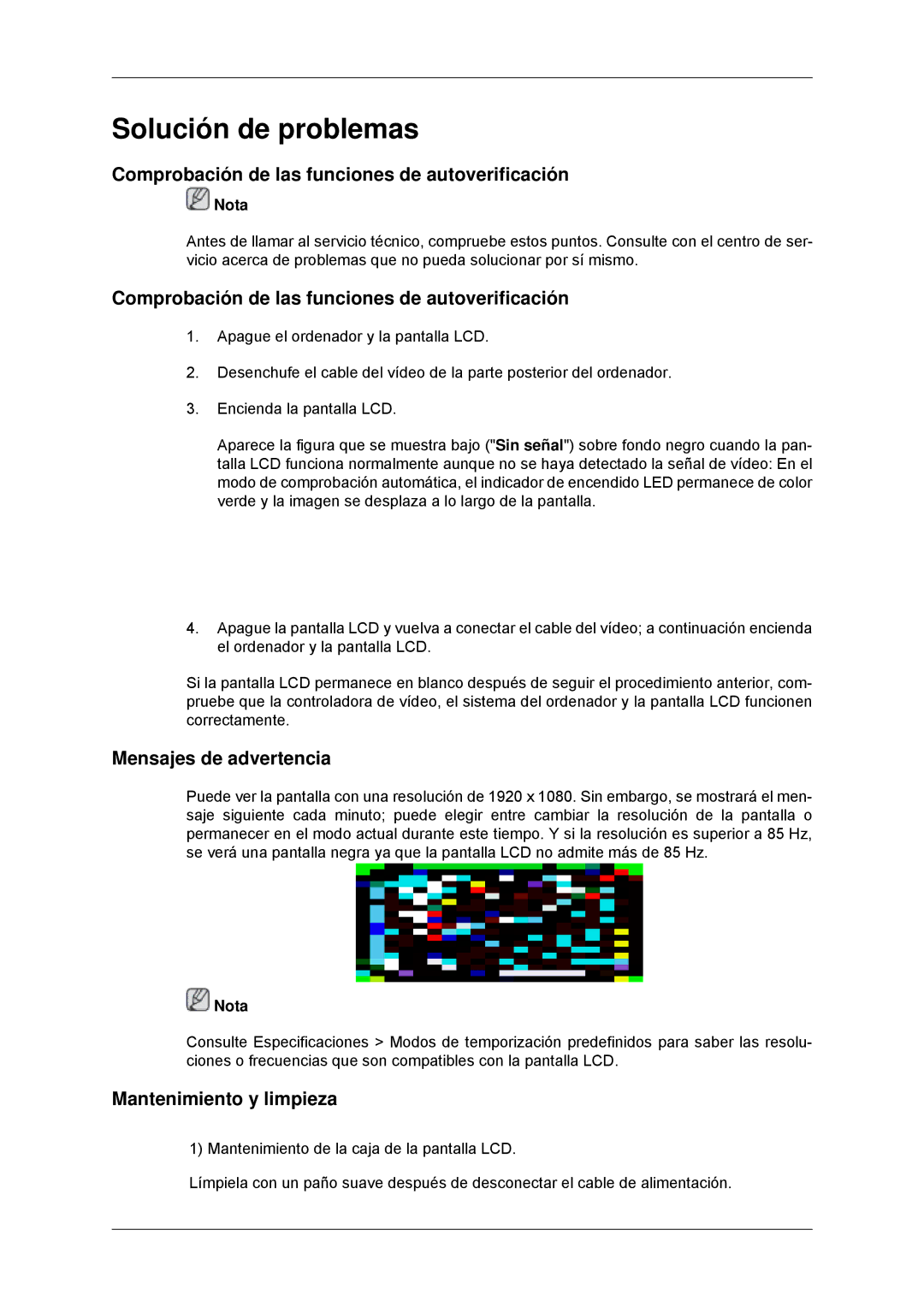 Samsung LH32CRTMBC/EN Comprobación de las funciones de autoverificación, Mensajes de advertencia, Mantenimiento y limpieza 