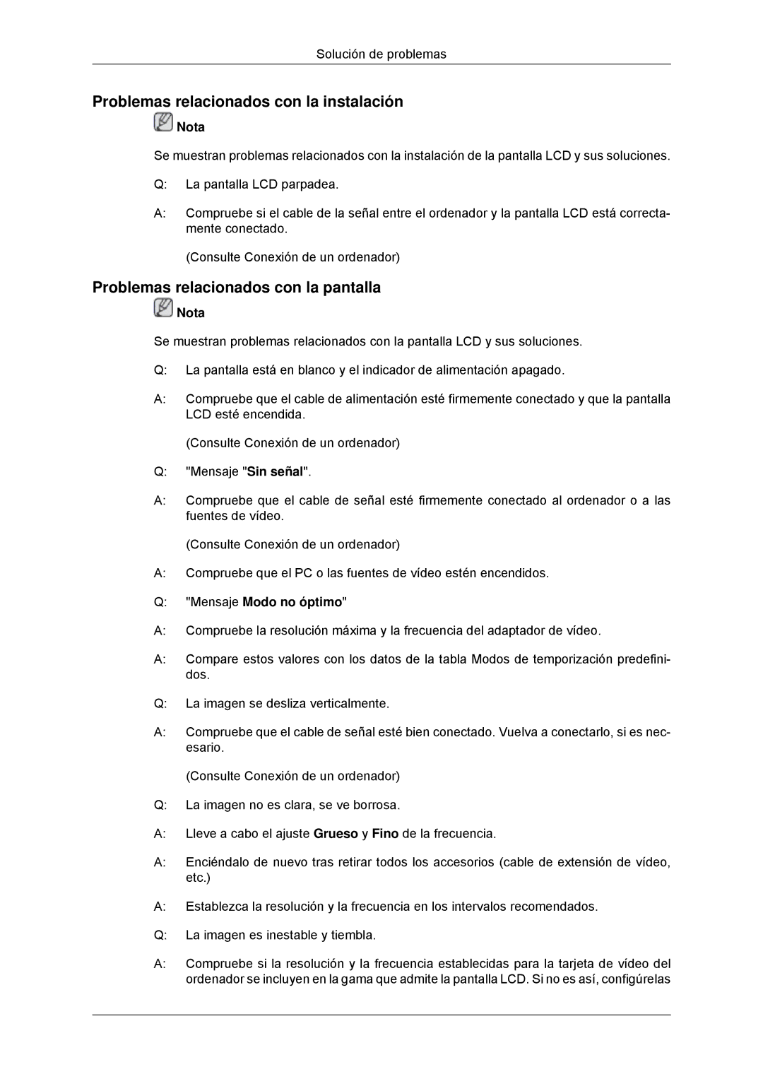 Samsung LH32CRSMBD/EN, LH32CRTMBC/EN Problemas relacionados con la instalación, Problemas relacionados con la pantalla 