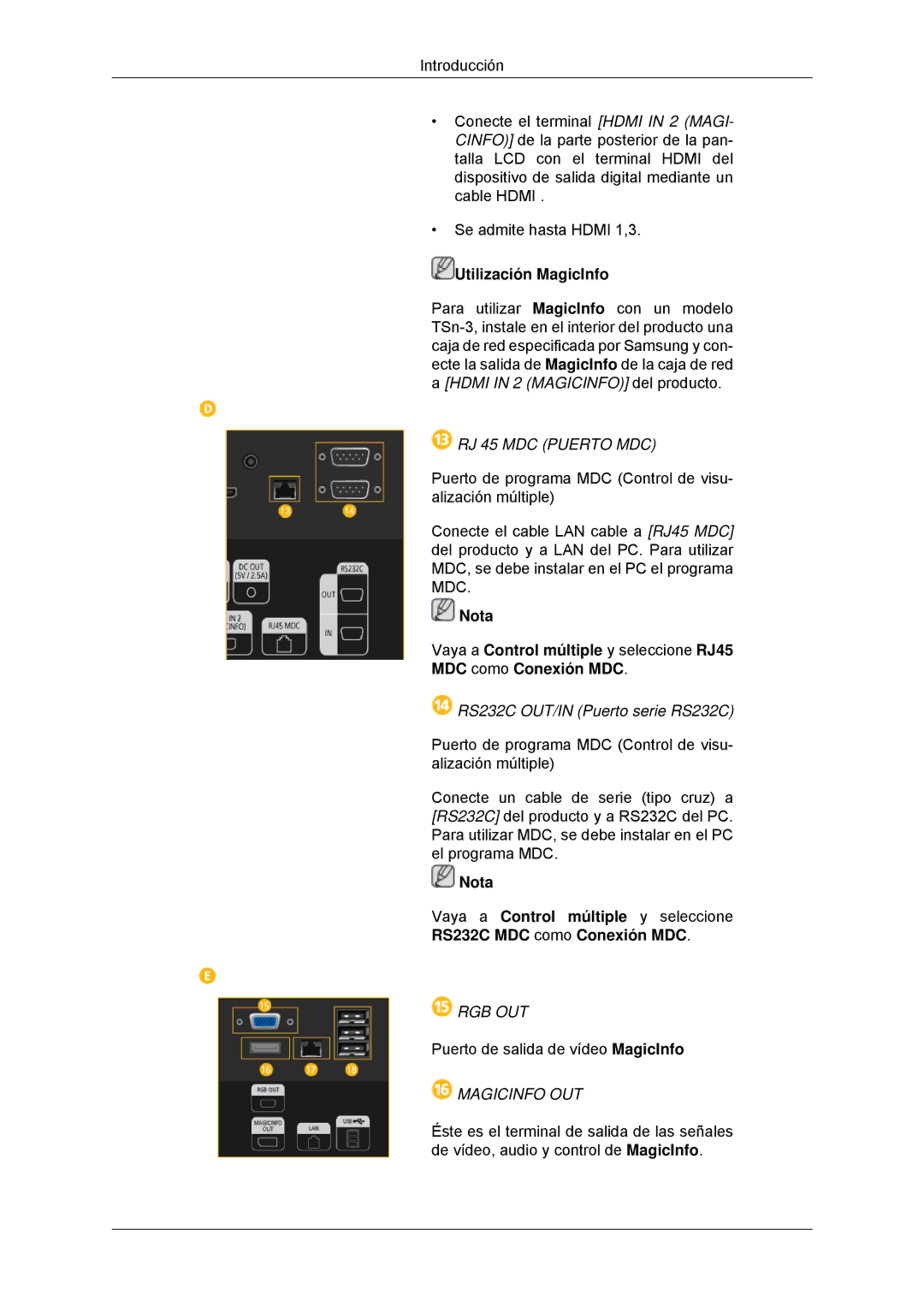 Samsung LH32CRSMBC/EN, LH32CRTMBC/EN, LH32CRSMBD/EN manual RJ 45 MDC Puerto MDC, RS232C OUT/IN Puerto serie RS232C 