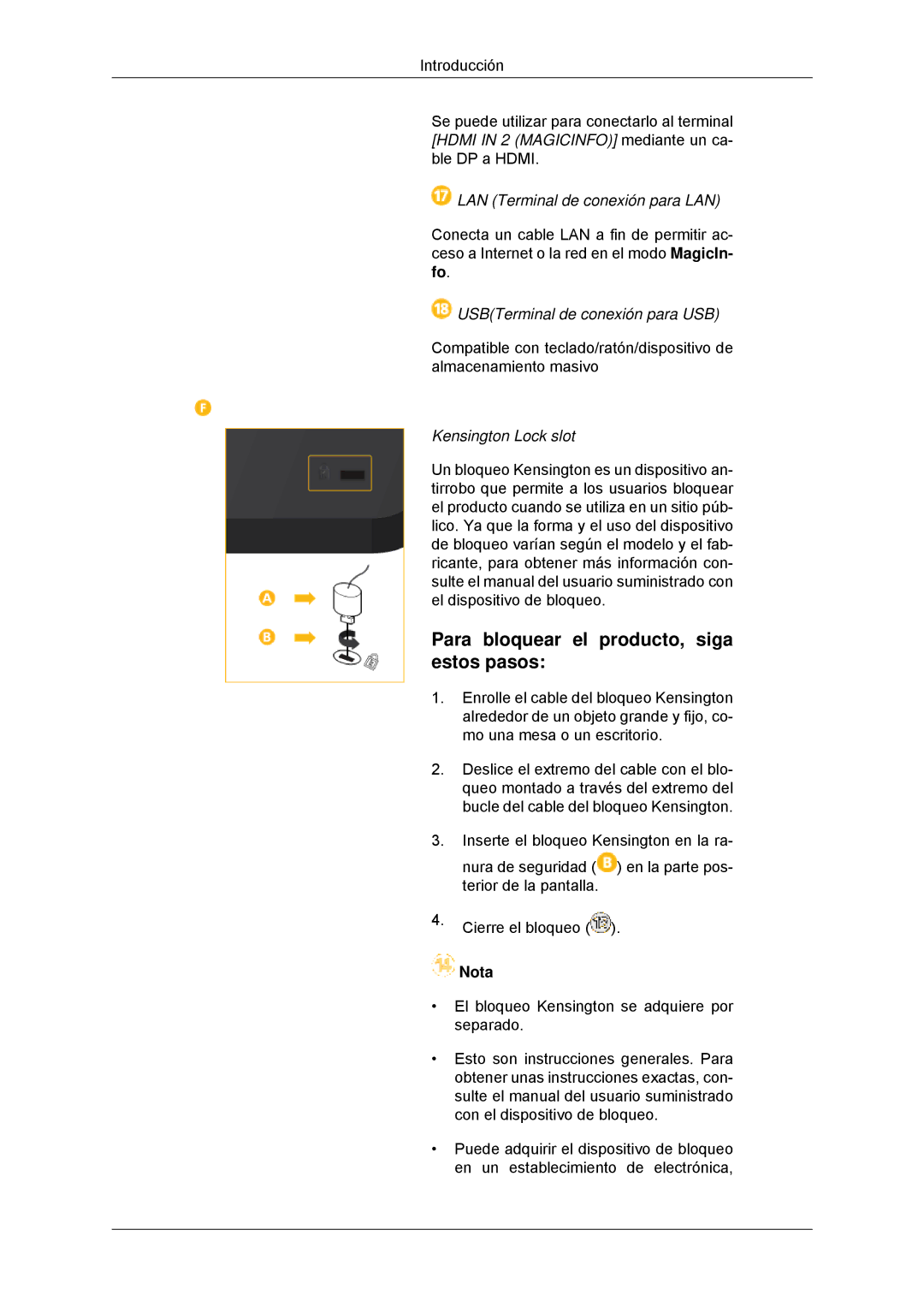 Samsung LH32CRSMBD/EN Para bloquear el producto, siga estos pasos, LAN Terminal de conexión para LAN, Kensington Lock slot 