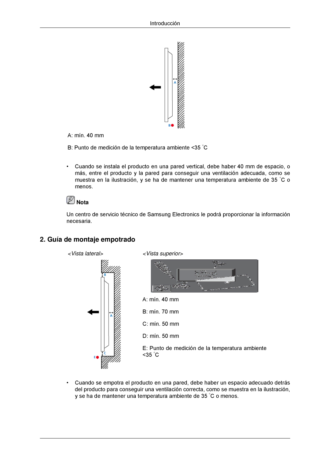 Samsung LH32CRSMBC/EN, LH32CRTMBC/EN, LH32CRSMBD/EN manual Guía de montaje empotrado, Vista lateral Vista superior 