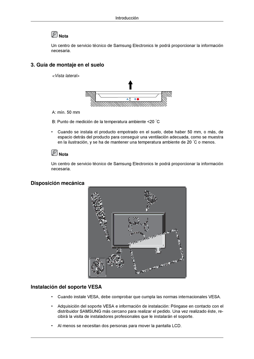 Samsung LH32CRSMBD/EN, LH32CRTMBC/EN manual Guía de montaje en el suelo, Disposición mecánica Instalación del soporte Vesa 