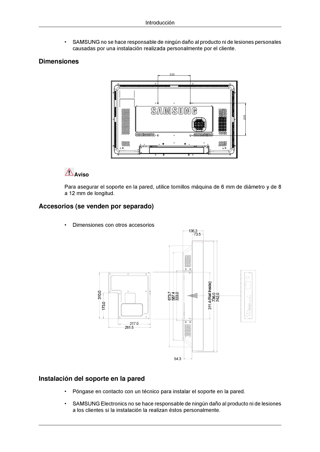 Samsung LH32CRTMBC/EN manual Dimensiones, Accesorios se venden por separado, Instalación del soporte en la pared, Aviso 