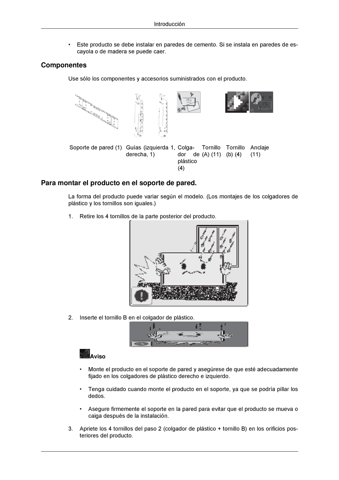 Samsung LH32CRSMBC/EN, LH32CRTMBC/EN, LH32CRSMBD/EN manual Componentes, Para montar el producto en el soporte de pared 