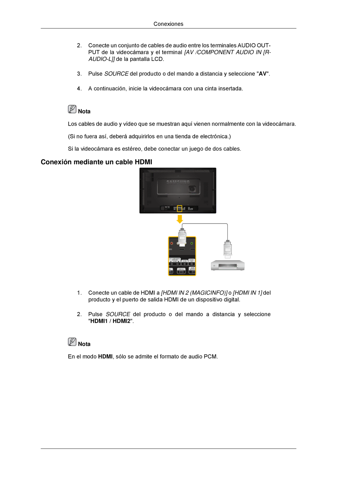 Samsung LH32CRSMBD/EN, LH32CRTMBC/EN, LH32CRSMBC/EN manual Conexión mediante un cable Hdmi 