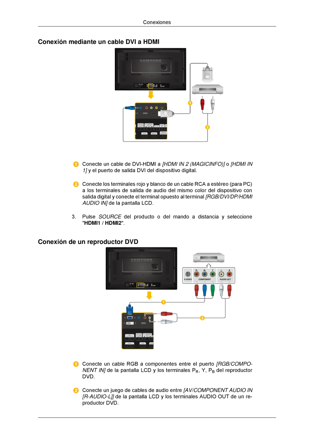 Samsung LH32CRTMBC/EN, LH32CRSMBC/EN, LH32CRSMBD/EN Conexión mediante un cable DVI a Hdmi, Conexión de un reproductor DVD 