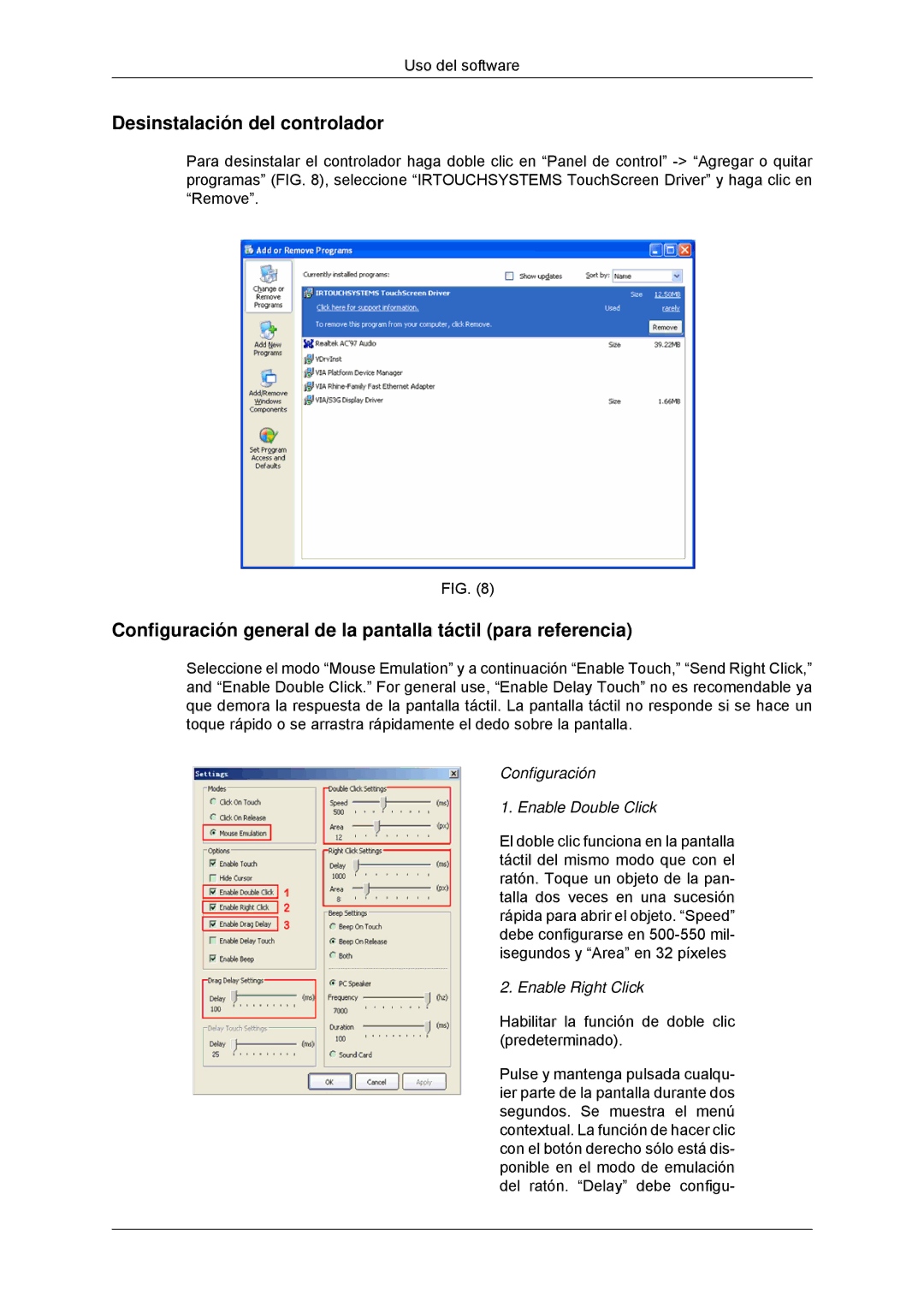 Samsung LH32CRSMBD/EN manual Desinstalación del controlador, Configuración general de la pantalla táctil para referencia 