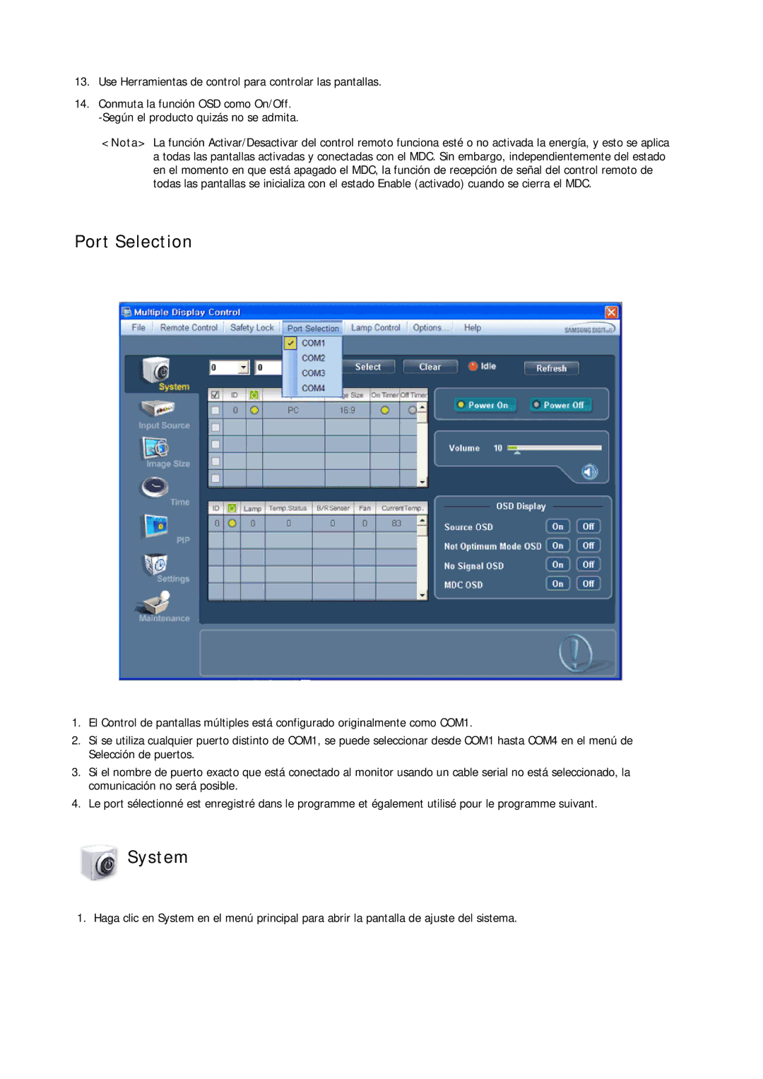 Samsung LH32CRSMBC/EN, LH32CRTMBC/EN, LH32CRSMBD/EN manual Port Selection, System 