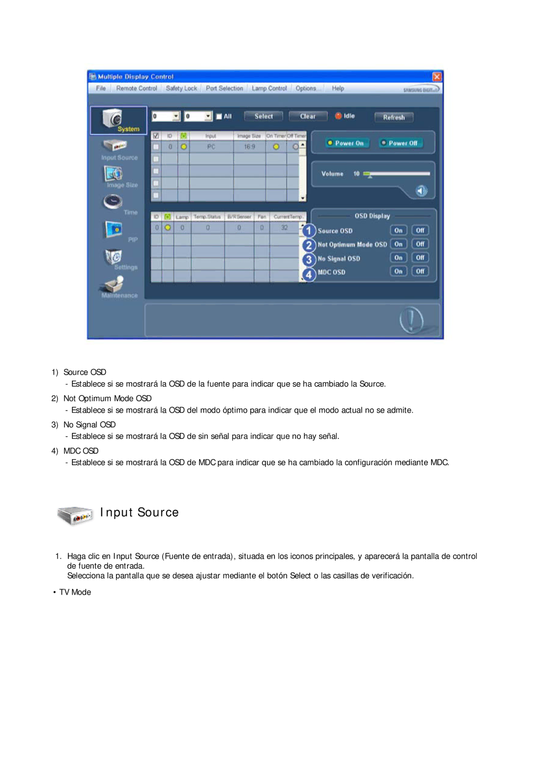 Samsung LH32CRSMBC/EN, LH32CRTMBC/EN, LH32CRSMBD/EN manual Input Source, Mdc Osd 