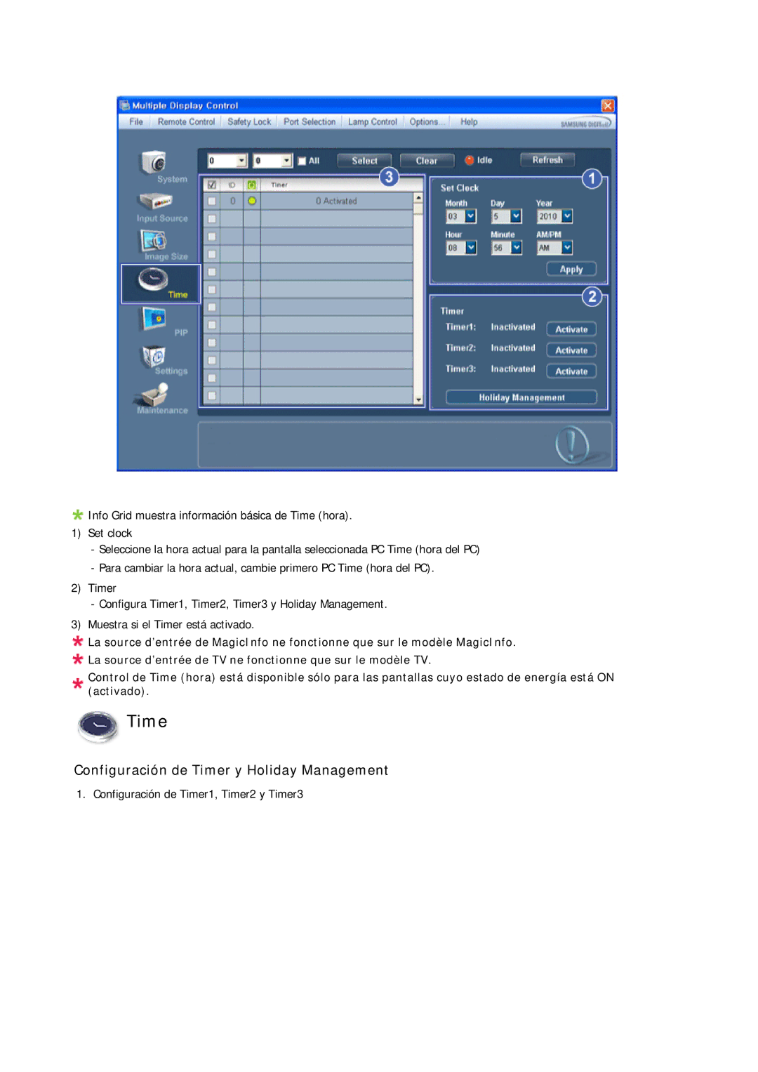 Samsung LH32CRTMBC/EN, LH32CRSMBC/EN, LH32CRSMBD/EN manual Configuración de Timer y Holiday Management 