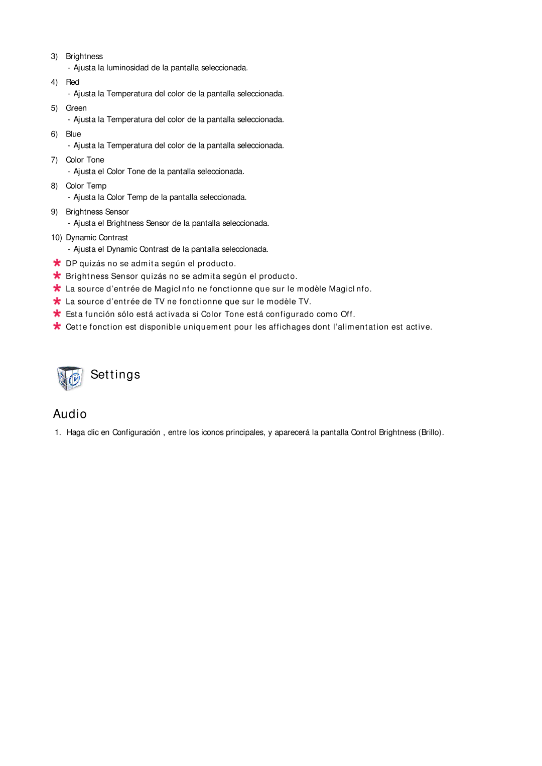 Samsung LH32CRSMBC/EN, LH32CRTMBC/EN, LH32CRSMBD/EN manual Settings Audio 