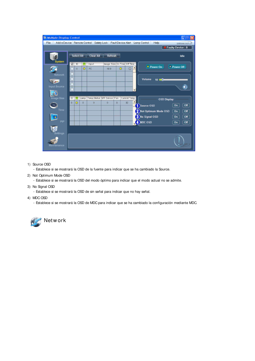 Samsung LH32CRTMBC/EN, LH32CRSMBC/EN, LH32CRSMBD/EN manual Network, Mdc Osd 