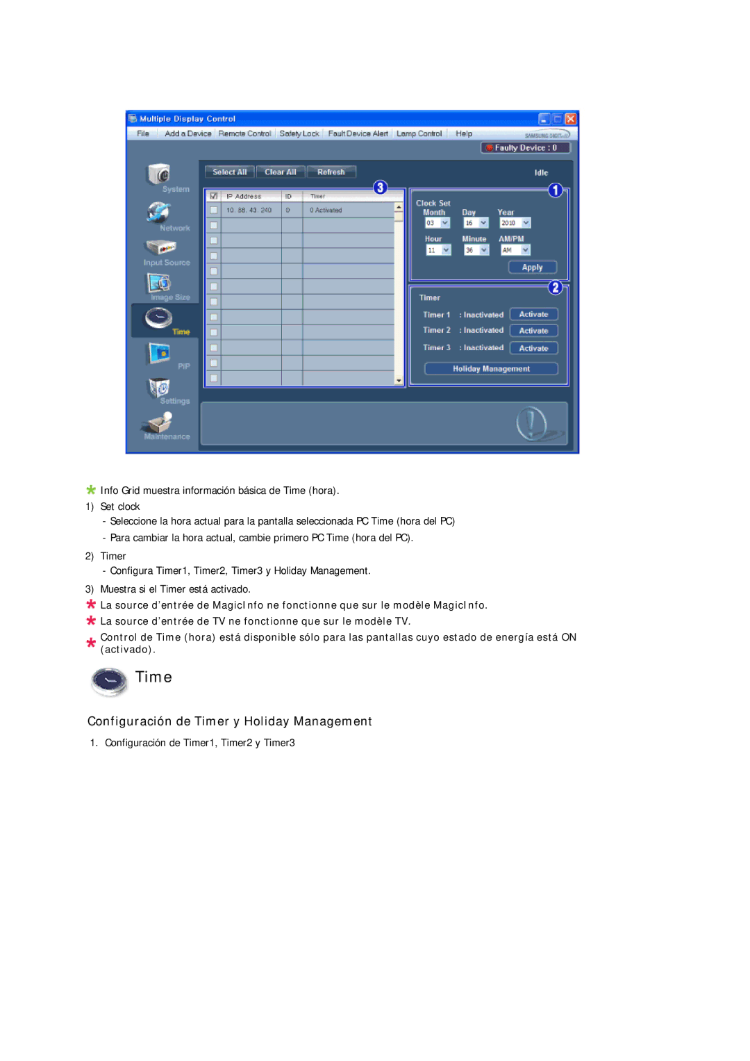 Samsung LH32CRTMBC/EN, LH32CRSMBC/EN, LH32CRSMBD/EN manual Configuración de Timer y Holiday Management 