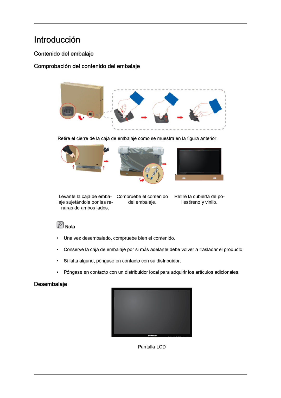 Samsung LH32CRSMBD/EN, LH32CRTMBC/EN, LH32CRSMBC/EN manual Introducción, Desembalaje 