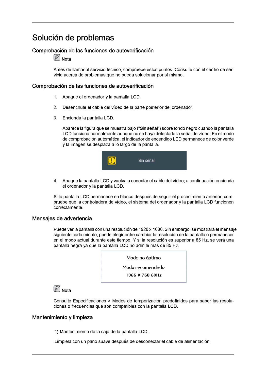 Samsung LH32CRTMBC/EN Comprobación de las funciones de autoverificación, Mensajes de advertencia, Mantenimiento y limpieza 