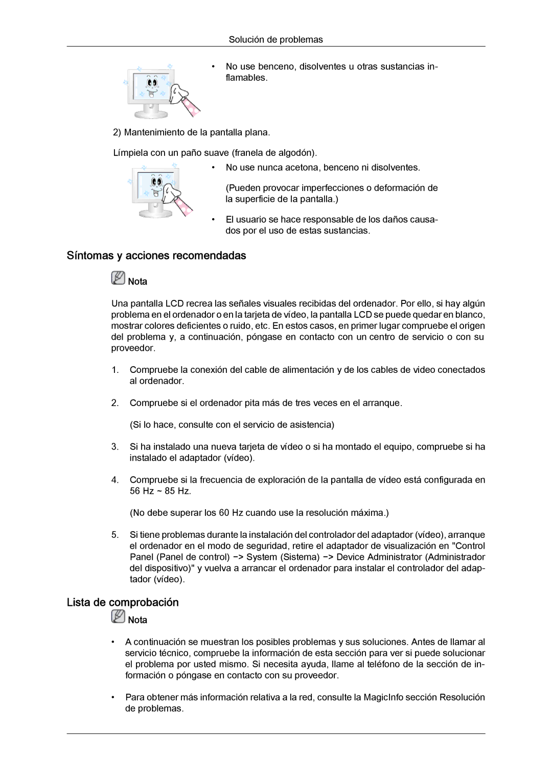 Samsung LH32CRSMBC/EN, LH32CRTMBC/EN, LH32CRSMBD/EN manual Síntomas y acciones recomendadas, Lista de comprobación 