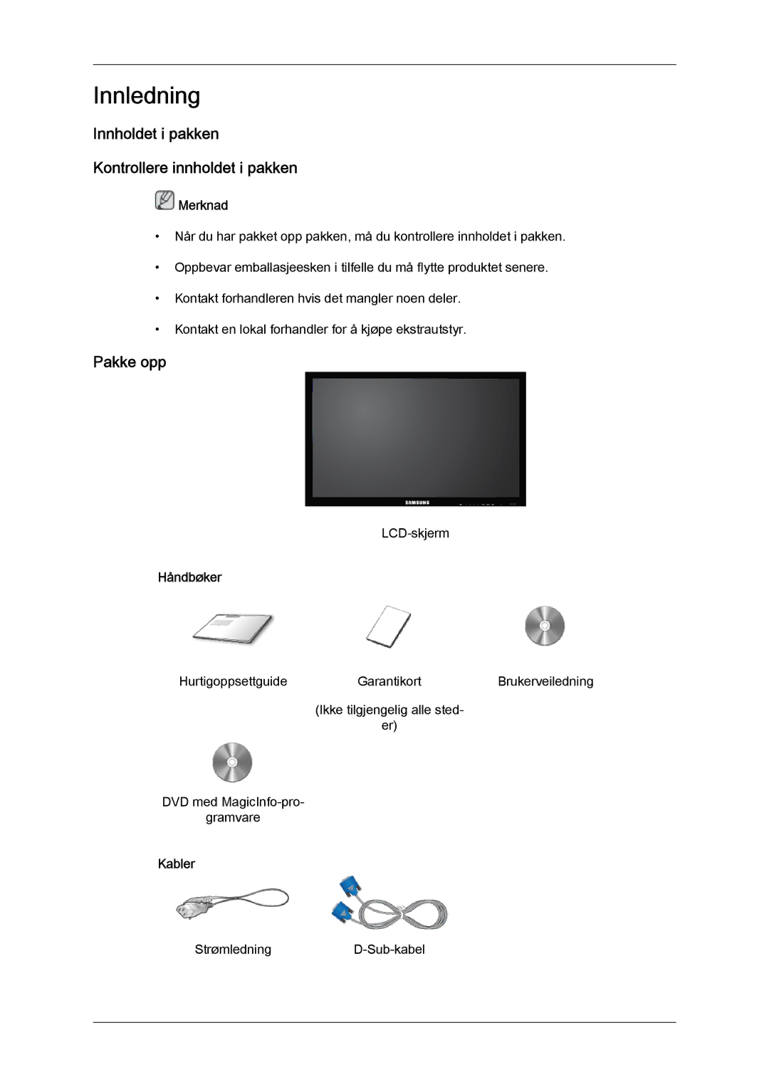 Samsung LH32CRSMBC/EN, LH32CRTMBC/EN manual Innholdet i pakken Kontrollere innholdet i pakken, Pakke opp, Håndbøker, Kabler 