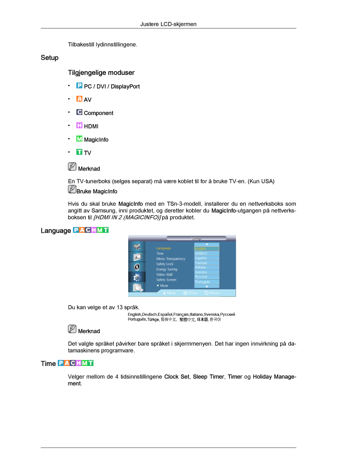 Samsung LH32CRTMBC/EN, LH32CRSMBC/EN, LH32CRSMBD/EN manual Setup Tilgjengelige moduser, Language, Time 