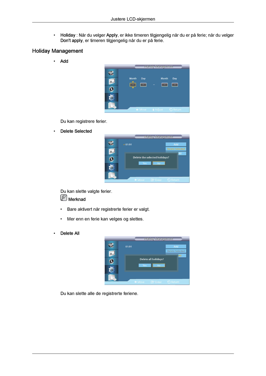 Samsung LH32CRSMBD/EN, LH32CRTMBC/EN, LH32CRSMBC/EN manual Holiday Management, Add, Delete Selected, Delete All 