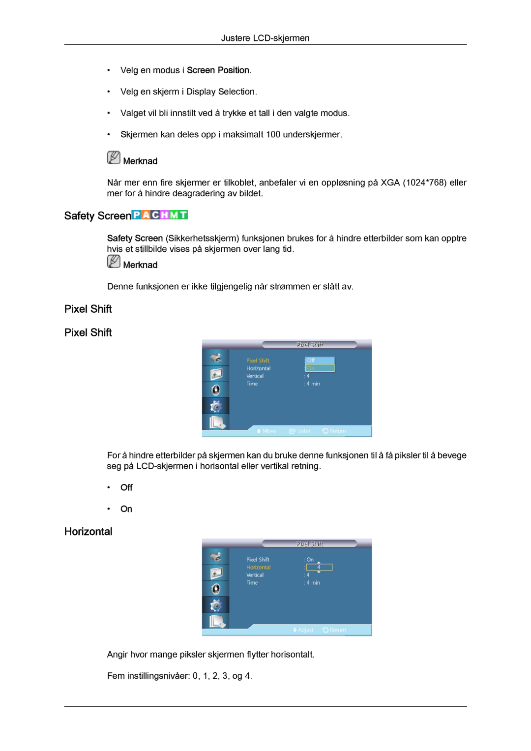 Samsung LH32CRTMBC/EN, LH32CRSMBC/EN, LH32CRSMBD/EN manual Safety Screen, Pixel Shift 