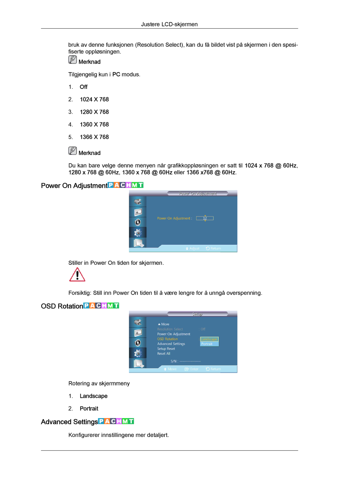 Samsung LH32CRSMBC/EN manual Power On Adjustment, OSD Rotation, Advanced Settings, Off 1024 X 1280 X 1360 X 1366 X Merknad 