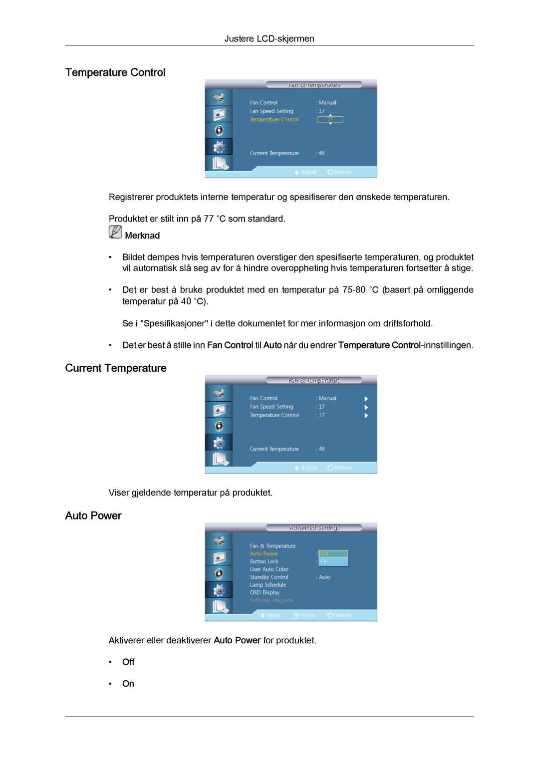 Samsung LH32CRTMBC/EN, LH32CRSMBC/EN, LH32CRSMBD/EN manual Temperature Control, Current Temperature, Auto Power 