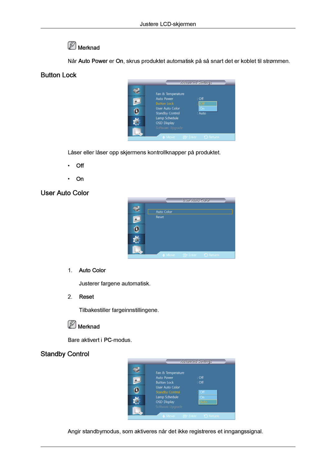 Samsung LH32CRSMBC/EN, LH32CRTMBC/EN, LH32CRSMBD/EN manual Button Lock, User Auto Color, Standby Control, Reset 