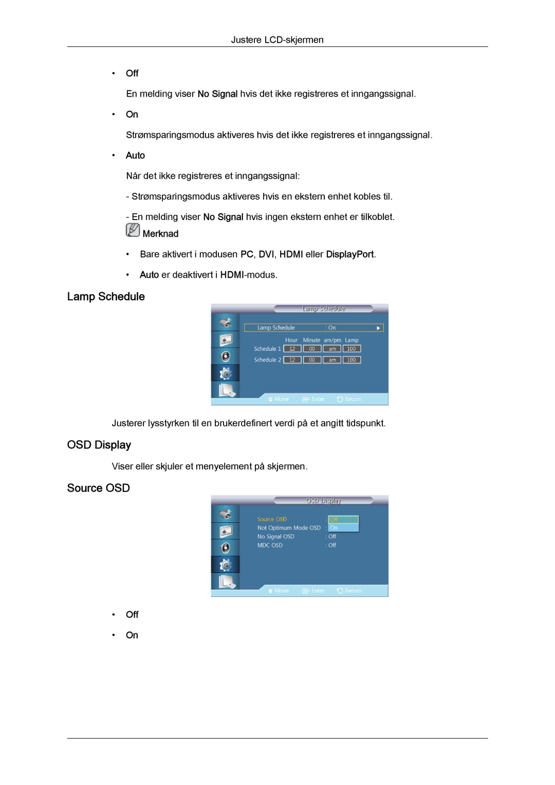 Samsung LH32CRSMBD/EN, LH32CRTMBC/EN, LH32CRSMBC/EN manual Lamp Schedule, OSD Display, Source OSD, Auto 