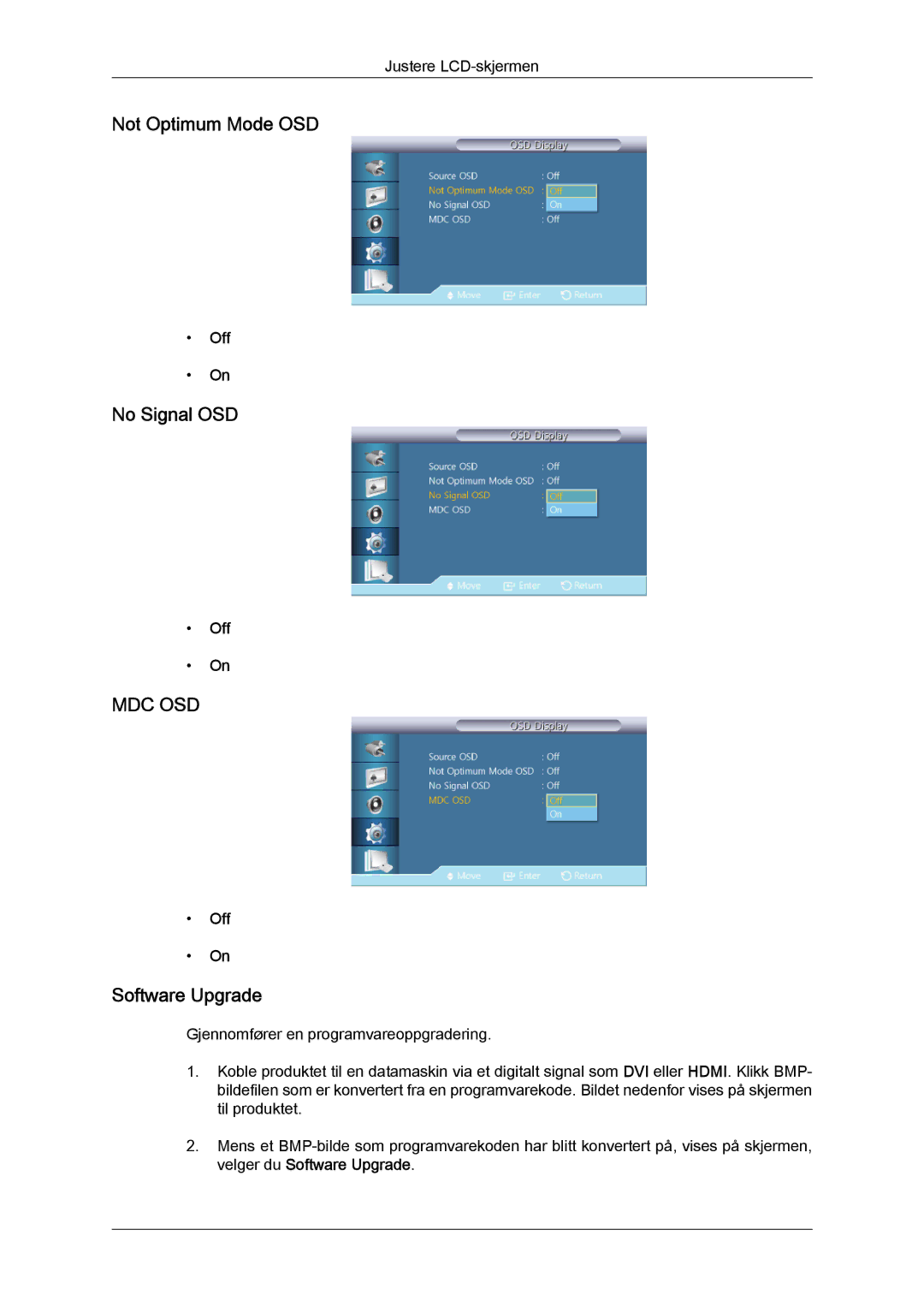 Samsung LH32CRTMBC/EN, LH32CRSMBC/EN, LH32CRSMBD/EN manual Not Optimum Mode OSD, No Signal OSD, Software Upgrade 