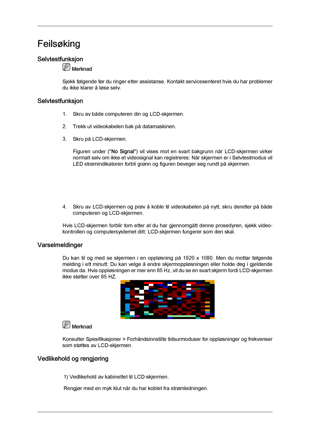 Samsung LH32CRSMBC/EN, LH32CRTMBC/EN, LH32CRSMBD/EN manual Selvtestfunksjon, Varselmeldinger, Vedlikehold og rengjøring 