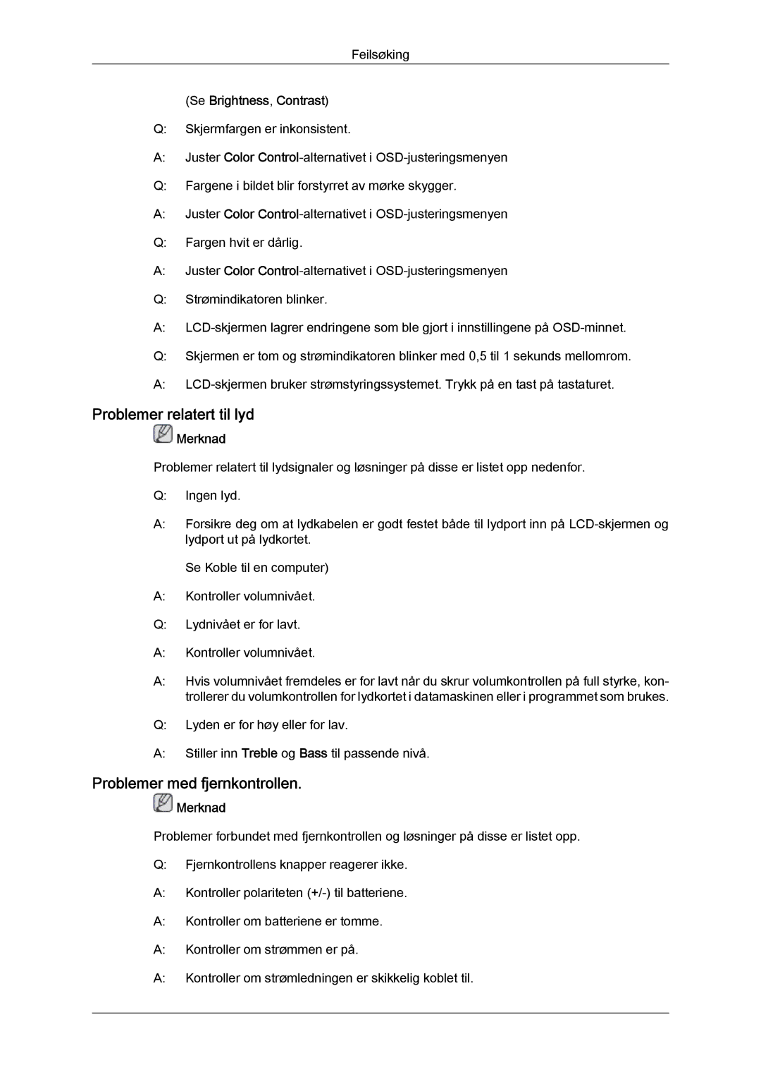 Samsung LH32CRSMBC/EN, LH32CRTMBC/EN Problemer relatert til lyd, Problemer med fjernkontrollen, Se Brightness, Contrast 