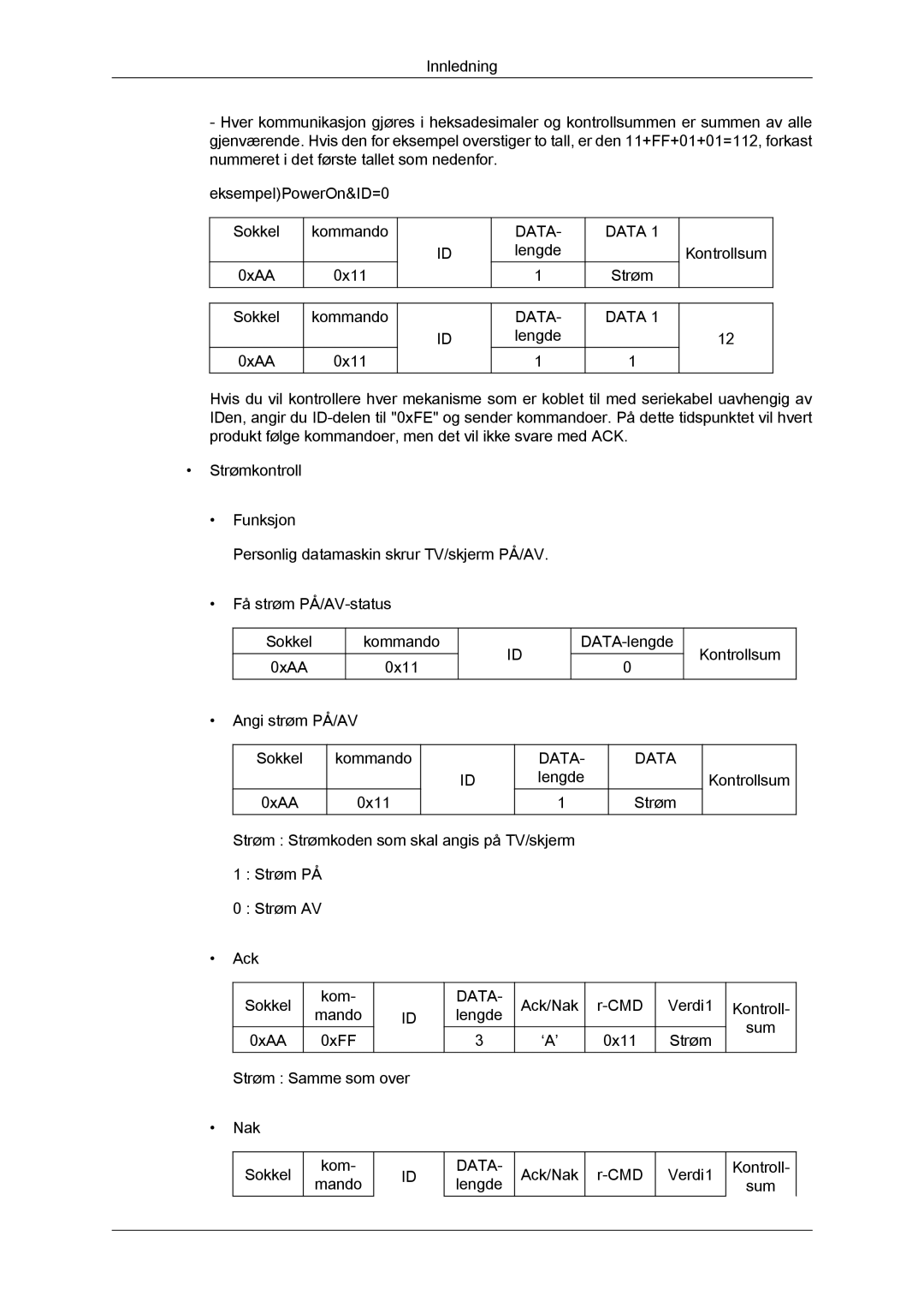 Samsung LH32CRSMBD/EN, LH32CRTMBC/EN, LH32CRSMBC/EN manual Strøm Kontrollsum Sokkel 0xAA Kommando 0x11 DATA- lengde 