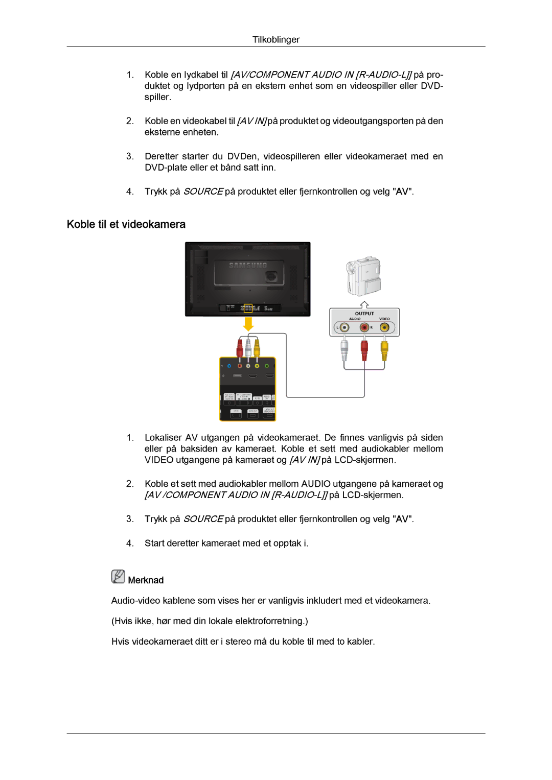 Samsung LH32CRTMBC/EN, LH32CRSMBC/EN, LH32CRSMBD/EN manual Koble til et videokamera 