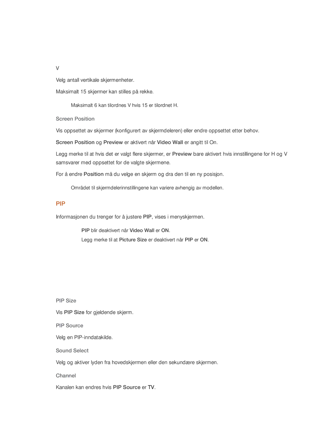 Samsung LH32CRSMBC/EN, LH32CRTMBC/EN, LH32CRSMBD/EN manual Screen Position, PIP Size, PIP Source, Sound Select 