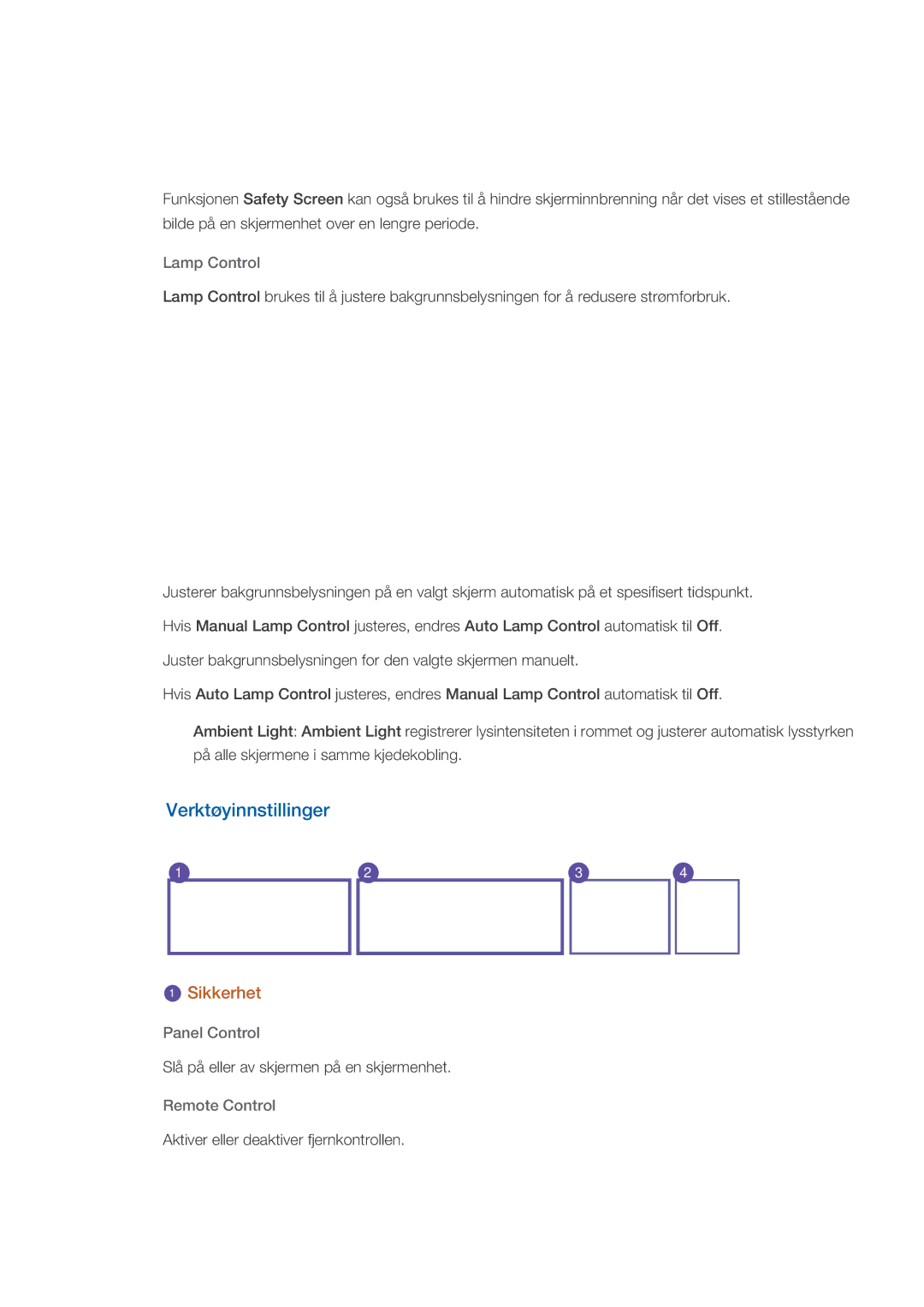 Samsung LH32CRSMBC/EN, LH32CRTMBC/EN, LH32CRSMBD/EN manual Verktøyinnstillinger, Lamp Control, Panel Control, Remote Control 