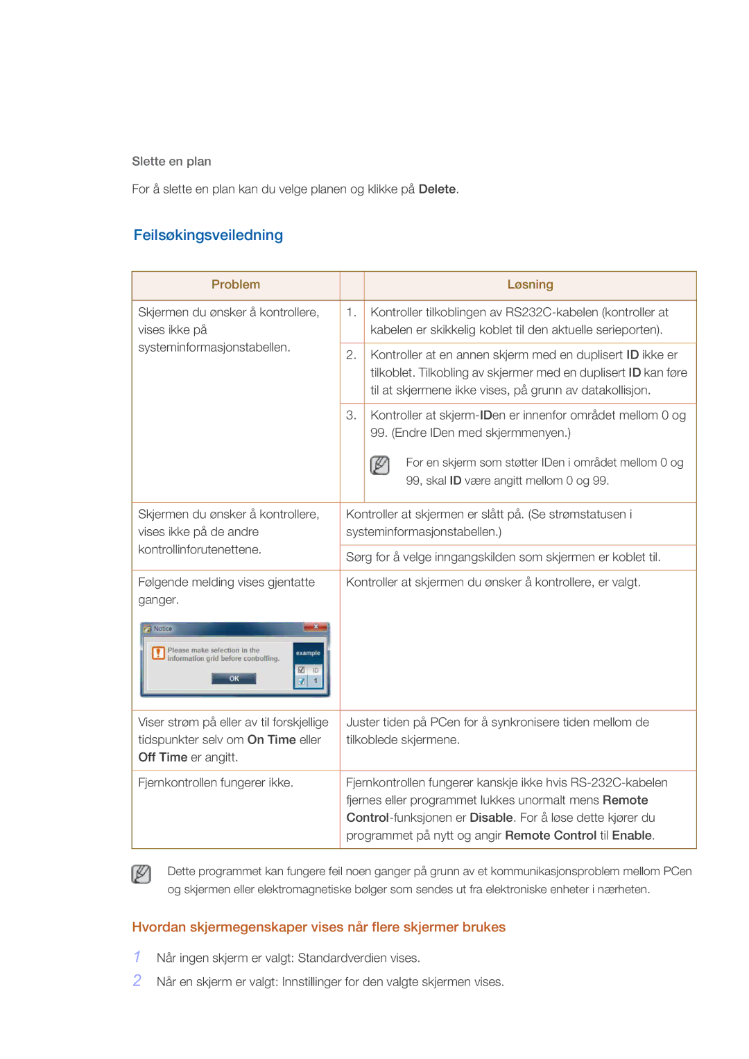 Samsung LH32CRSMBC/EN Feilsøkingsveiledning, Hvordan skjermegenskaper vises når flere skjermer brukes, Slette en plan 